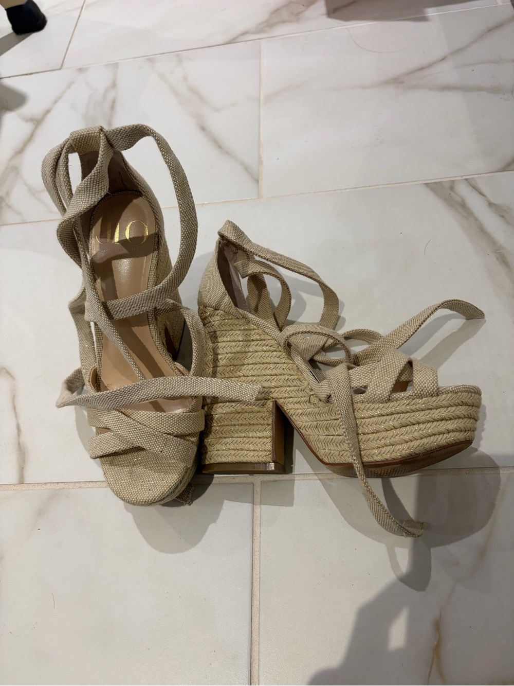 Jennifer Lopez Beige Lace-Up Canvas Wedge Sandals